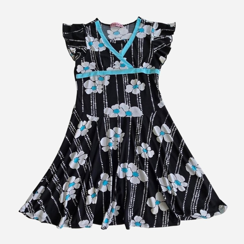 y2k My Michelle v-neck black, white, blue floral midi dress.
